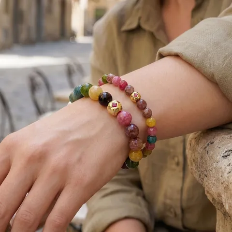 Vintage Natural Stone Beaded Bracelet For Women Men Handmade Tourmaline Garnet Elastic Bracelet Gold Copper Jewelry Gift