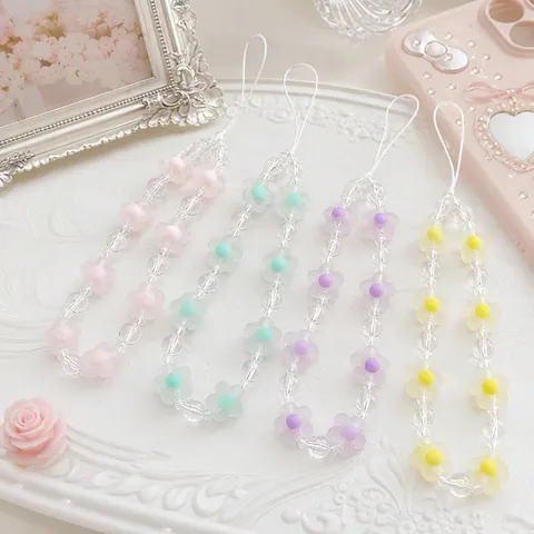 Catena per Cellulare in Acrilico con Perline a Forma di Fiore Opaco Cordino da Polso Anti-Smarrimento per Donna Stile Fresco