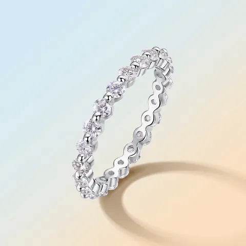 Anillo de Eternidad de Plata de Ley 925 con Moissanita para Mujer Corte Brillante Redondo Pavé Banda de Boda Joyería