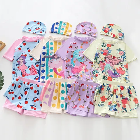 Mädchen Meerjungfrau Prinzessin Badebekleidung Dreiteiliges Set Langarm Sonnenschutz Cartoon Druck Badeanzug Für Kinder Kleinkinder Strandmode