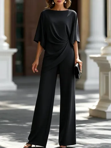 Mujeres Elegante Camisa Drapeda Asimétrica Y Pantalones De Pierna Ancha Top Y Bottom Conjunto Poliéster Spandex OL Oficina Business Casual Traje