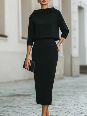 Conjunto de Dos Piezas Elegante para Mujer Estilo Urbano Top de Manga 3/4 con Cuello Barco y Falda de Lápiz Ajustada de Cintura Alta Moda de Oficina
