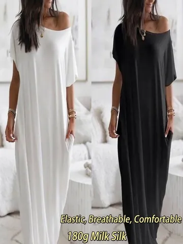 Women Casual Solid Color Maxi Dress Slash Neck Short Sleeve Milk Silk Elegant Summer Loose Fit Long Dress With Pockets