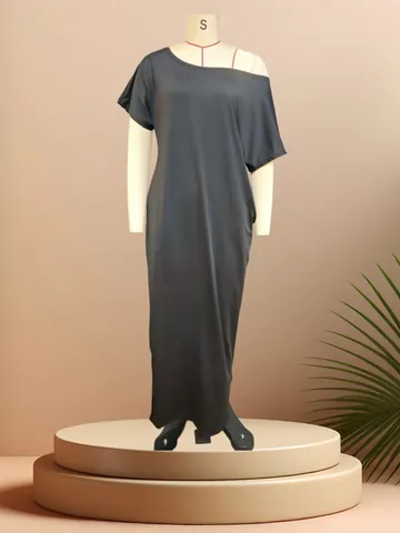 Women Casual Solid Color Maxi Dress Slash Neck Short Sleeve Milk Silk Elegant Summer Loose Fit Long Dress With Pockets