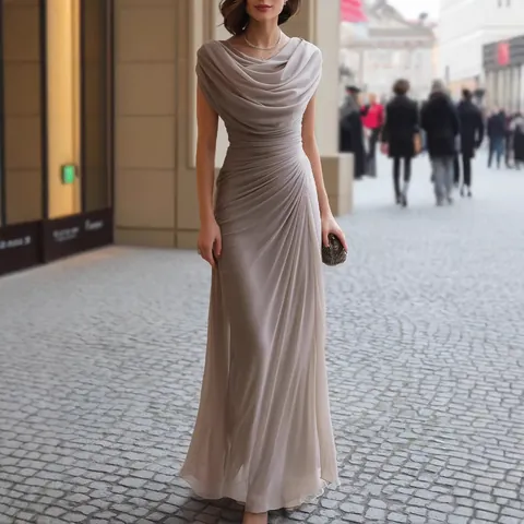 Elegant Cowl Neck Ruched Slim Fit Maxi Dress For Women Sleeveless Floor Length Polyester Spandex Party Banquet Evening Long Dress
