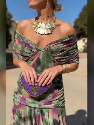 Elegante Abito Maxi da Donna Con Fodera Spalle Scoperte Increspato Tinta Unita Poliestere Vacanza Festa Vestito Fluente