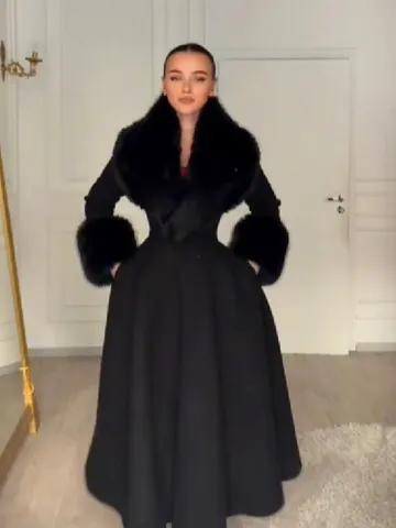 Cappotto Lungo da Donna Con Collo in Pelliccia Rimovibile Vita Aderente Cappotto di Lana Caldo Elegante Invernale Nero Bianco