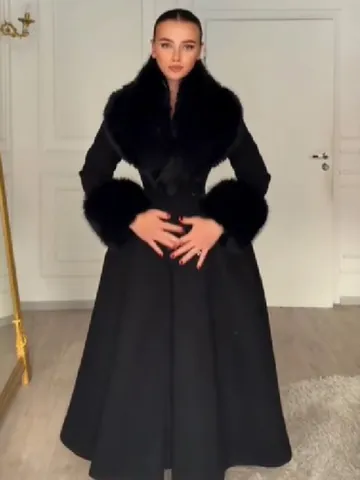 Cappotto Lungo da Donna Con Collo in Pelliccia Rimovibile Vita Aderente Cappotto di Lana Caldo Elegante Invernale Nero Bianco