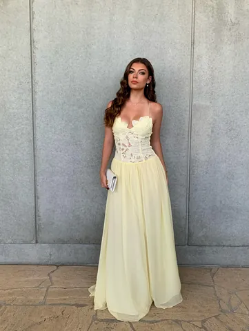 Women's Yellow Halter Neck Lace Patchwork Maxi Dress Hollow Out Double Layer Mesh Flowy Banquet Evening Dress