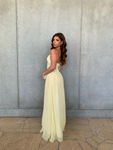 Women's Yellow Halter Neck Lace Patchwork Maxi Dress Hollow Out Double Layer Mesh Flowy Banquet Evening Dress