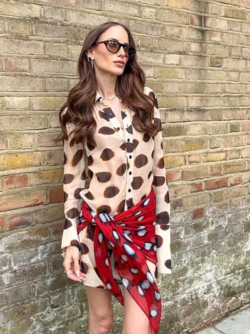 Women Casual Loose Spot Print Shirt Dress Two Piece Set Long Sleeve Lapel Single Breasted Beige Polyester Mini Dress With Scarf
