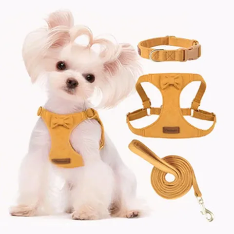 Soft Faux Suede Pet Harness Leash Collar Set Adjustable Dog Vest With Bowtie For Puppy Small Medium Dogs Outdoor Walking Supplies