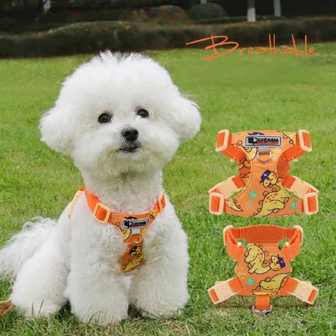 Breathable Cotton Mesh Pet Dog Cat Harness And Leash Cute Dinosaur Strawberry Print Vest For Small Dogs Puppy Adjustable Kitten Walking Harness