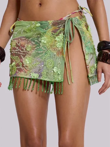 Sexy Floral Print Bikini Set And Wrap Skirt With Tassel Sequin Bead Accents For Women Vacation Beachwear Tropical Style