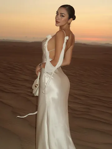Women Sexy Backless Satin Maxi Dress Cowl Neck Spaghetti Strap Elegant Vacation Party Long Slip Dress
