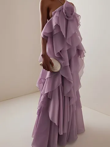 Women Resort Style 3D Flower Halter Backless Ruffle Maxi Dress Summer Chiffon Layered Tiered Backless Vacation Beach Party Long Dress