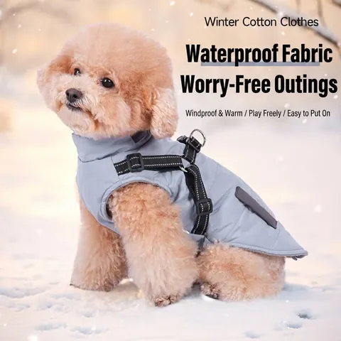 Winter Waterproof Dog Puffer Jacket Built-in Harness Thickened Warm Pet Clothes Small Medium Dog Coat Windproof Reflective