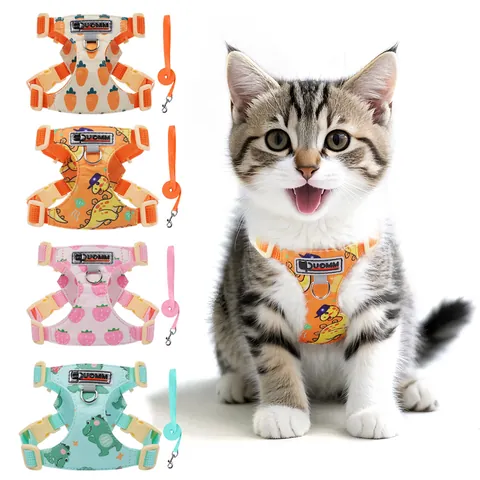 Breathable Cotton Mesh Pet Dog Cat Harness And Leash Cute Dinosaur Strawberry Print Vest For Small Dogs Puppy Adjustable Kitten Walking Harness