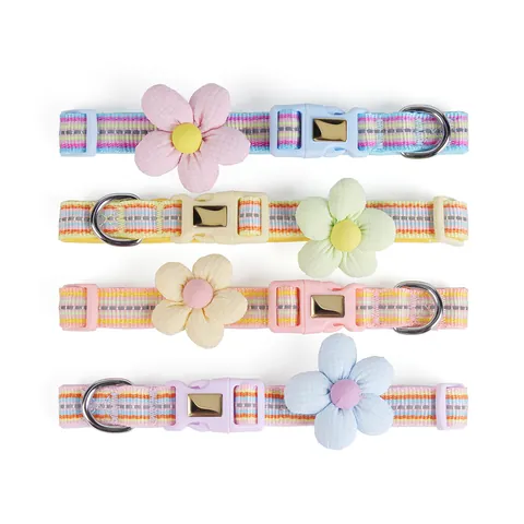 Cute Luminous Pet Collar with 3D Cloth Flower For Cats Small Dogs Adjustable Reflective Woven Polyester Neck Strap With Engravable Metal Buckle D-Ring Outdoor Daily Walking Accessory