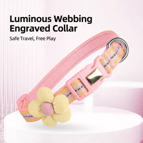 Cute Luminous Pet Collar with 3D Cloth Flower For Cats Small Dogs Adjustable Reflective Woven Polyester Neck Strap With Engravable Metal Buckle D-Ring Outdoor Daily Walking Accessory