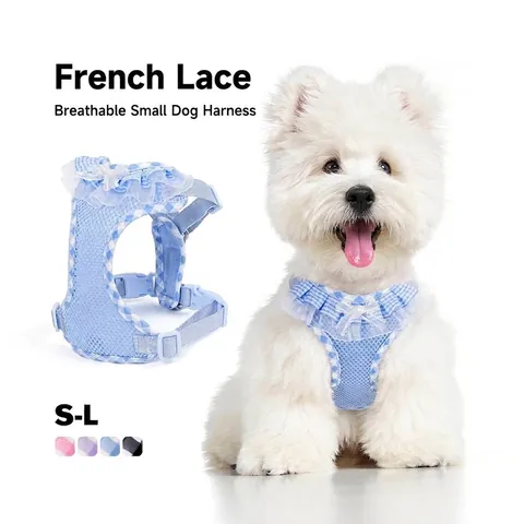 Vintage Plaid Pet Harness And Leash Set For Small Dogs Cats Breathable Mesh Lace Bowknot Pearl Elegant Adjustable Puppy Vest