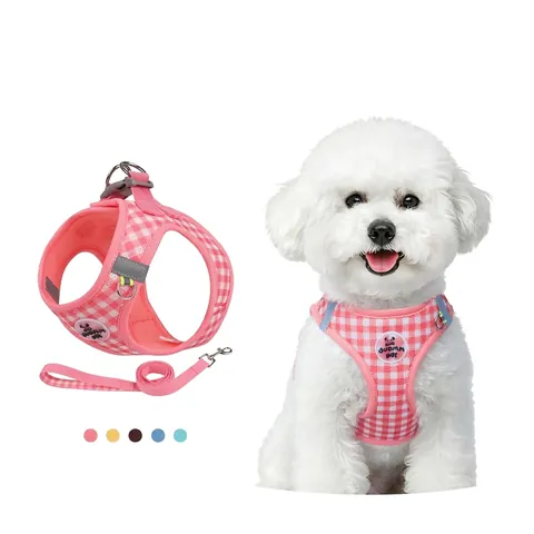 Escape Proof Plaid Pet Harness and Leash Set Polyester Breathable Mesh Reflective Vest for Small Dogs and Cats Walking