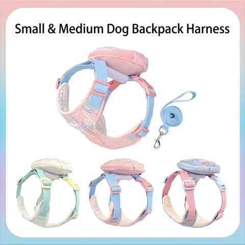 Korean Style Polyester Seersucker Dog Harness With Mini Backpack Breathable Pet Vest And Leash Set For Small Dogs Cats