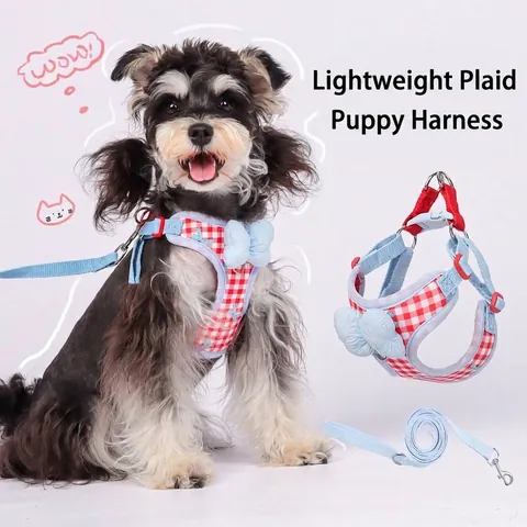 Arnés Y Correa Para Perro A Cuadros Estilo Coreano Decoración De Lazo Malla Transpirable Chaleco Ajustable Para Perros Pequeños Paseos Aire Libre