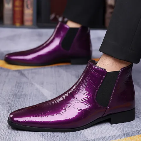 Stivali Chelsea da Uomo a Punta Stile Britannico Slip On in Vernice Stivali Alti Texture Metallica Taglie Forti