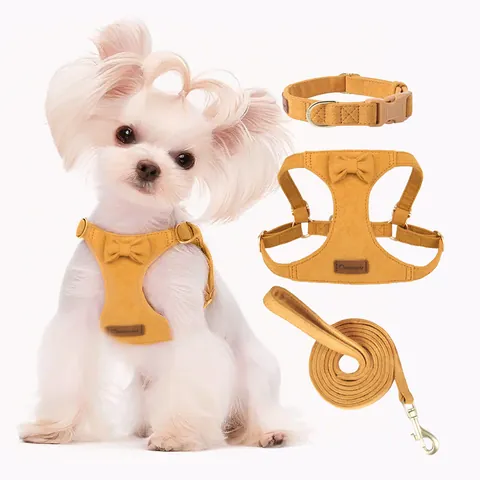 Harnais Laisse et Collier en Suédine pour Animaux de Compagnie Harnais Réglable avec Nœud Papillon pour Petits et Moyens Chiens