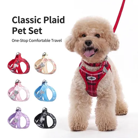 Combinaison Harnais Laisse Collier Chien Plaid Style Britannique Gilet Respirant en Maille pour Animaux de Compagnie Réfléchissant Sécurité