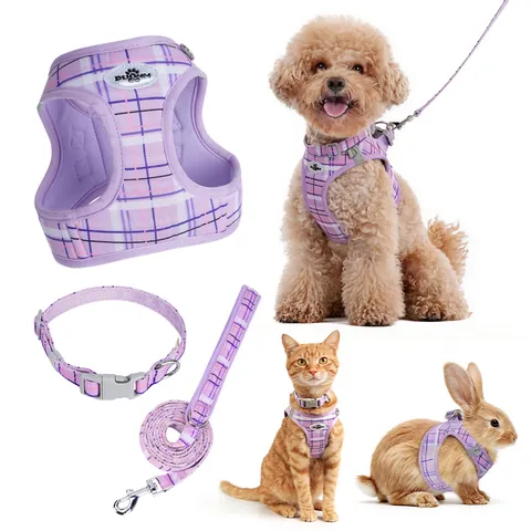 Combinaison Harnais Laisse Collier Chien Plaid Style Britannique Gilet Respirant en Maille pour Animaux de Compagnie Réfléchissant Sécurité