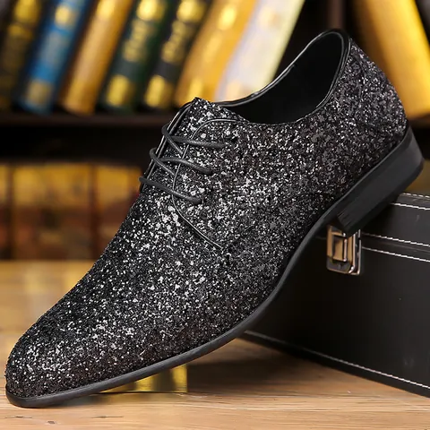 Men Fashion Glitter Casual Shoes Lace Up Low Top Sparkly Sequins Performance Dance Shoes Party Wedding Shoes Large Size