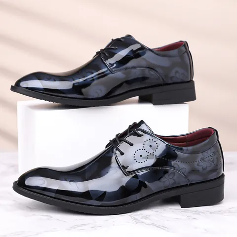 Men's Large Size Business Formal Shoes Glossy Patent Leather Floral Print Lace-up Derby Shoes Fashion Wedding Dress Shoes