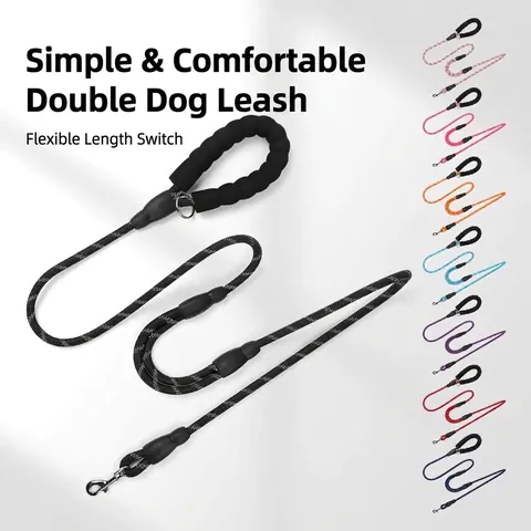 Reflective Dual Handle Dog Leash Heavy Duty Nylon Braided Rope Padded Handle Explosion Proof Traction Rope For Dogs Safety Walking