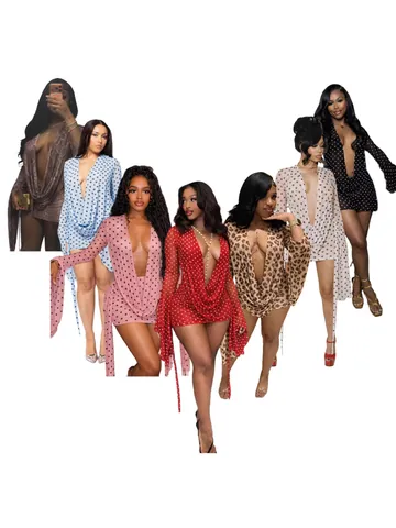 Women Sexy Deep V Neck Long Sleeve Polka Dot Bodycon Dress Digital Printed Polyester Spandex Party Night Out Mini Dress