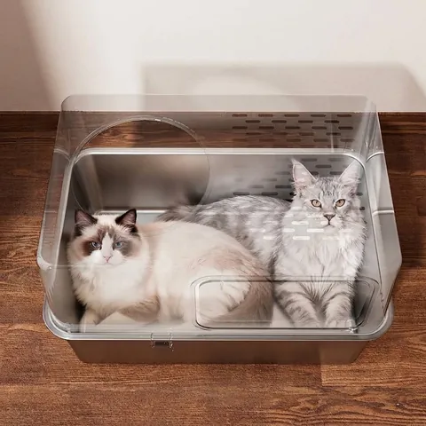 Arenero para Gatos Extra Grande de Acero Inoxidable Totalmente Cerrado Antisalpicaduras Inodoro para Mascotas Desmontable Con Ventana Transparente