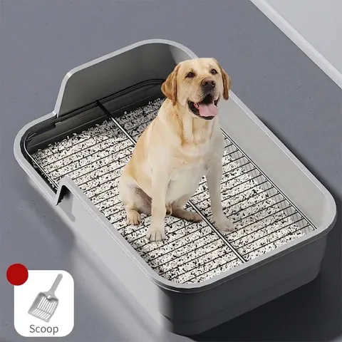 Large Dog Toilet High Fence Splash Proof Indoor Pet Potty Training Tray With Detachable Metal Grid And Cleaning Scoop