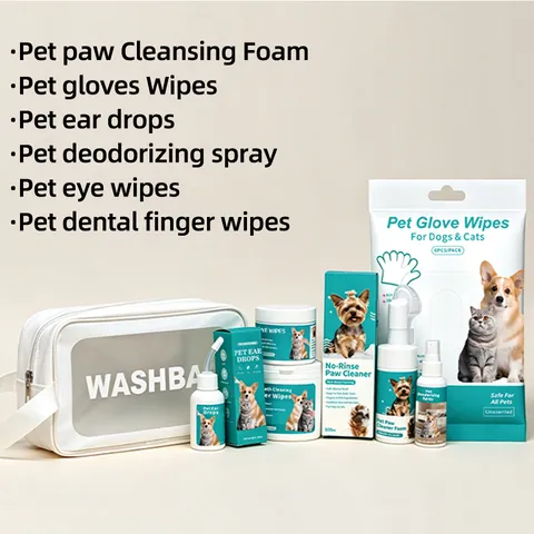 Kit de Nettoyage Portable pour Animaux Mousse Hydratante pour Pattes Gouttes Oriculaires Lingettes Spray Déodorant Set Sac de Voyage