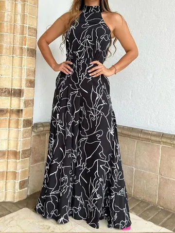 Women Halter Neck Sleeveless Wide Leg Jumpsuit Abstract Face Line Art Print High Waist Elegant Sexy Backless Romper Jumpsuit