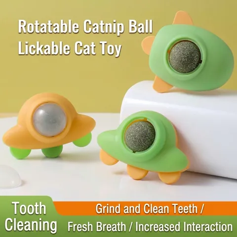 Jouet Balle à l'Herbe à Chat Rotative Forme de Fusée UFO Friandise Comestible pour Chat pour le Nettoyage des Dents