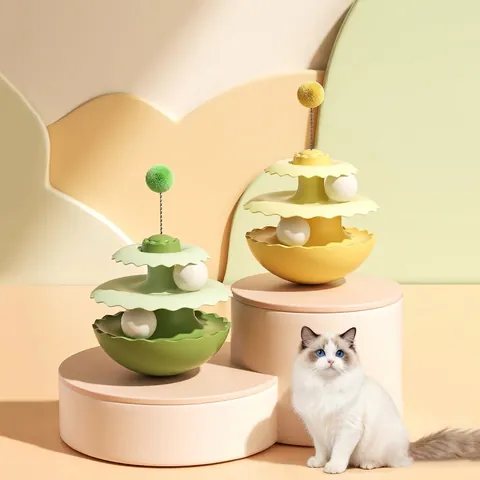 Interactive Cat Toy Turntable Tumbler With Rotating Balls And Spring Plush Ball For Kitten Boredom Relief Pet Exercise PP Plastic
