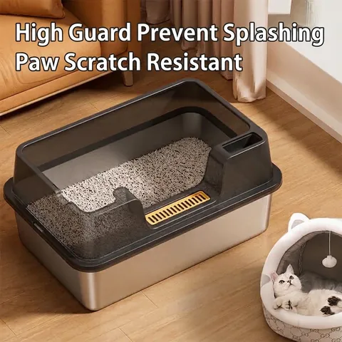 Stainless Steel Cat Litter Box Open Top High Fence Anti-Splash Deepened Semi-Enclosed Cat Toilet With Scoop And Sifting Pad