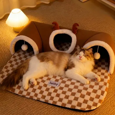 Detachable Reindeer Cat Tunnel Bed With Checkered Cushion Semi-Enclosed Warm Plush Pet House For Small Dogs Cats Four Seasons Universal