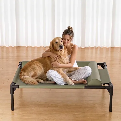 Elevated Pet Bed Breathable Portable Dog Cot with Leather Trim Detachable Moisture-Proof Indoor Outdoor Sleeping Mat for Medium Large Dogs