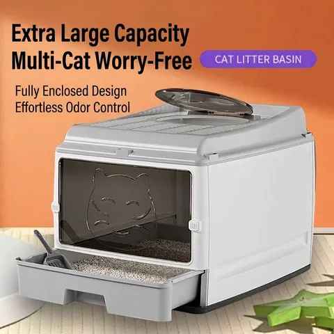 Large Enclosed Cat Litter Box With Drawer Foldable Deodorizing Anti Splash Plastic Cat Toilet Potty With Scoop For Large Cats