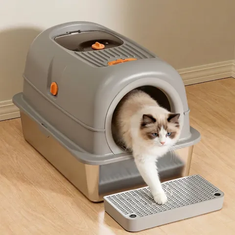Extra Large Stainless Steel Enclosed Cat Litter Box High Side Splash Proof Odor Control Cat Toilet With Litter Mat Pet Supplies