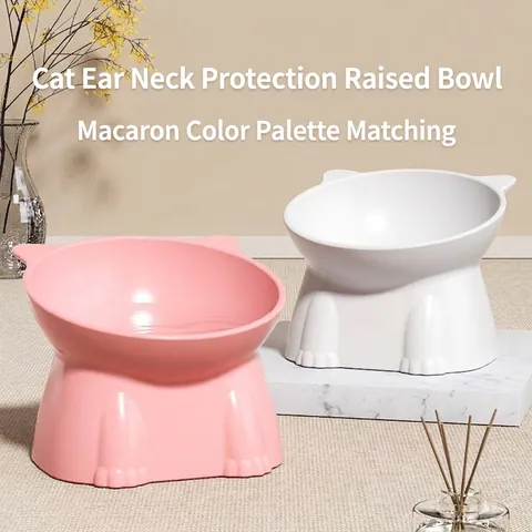 Elevated Tilted Cat Bowl Neck Protection Anti Slip Plastic Pet Feeding Bowl For Kittens Small Dogs Cute Cat Ear Design
