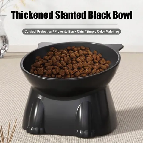 Elevated Tilted Cat Bowl Neck Protection Anti Slip Plastic Pet Feeding Bowl For Kittens Small Dogs Cute Cat Ear Design