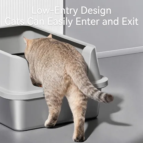 Extra Large Stainless Steel Cat Litter Box Semi-Enclosed High Fence Anti-Splash Pet Toilet With Sand Filtering Pedal